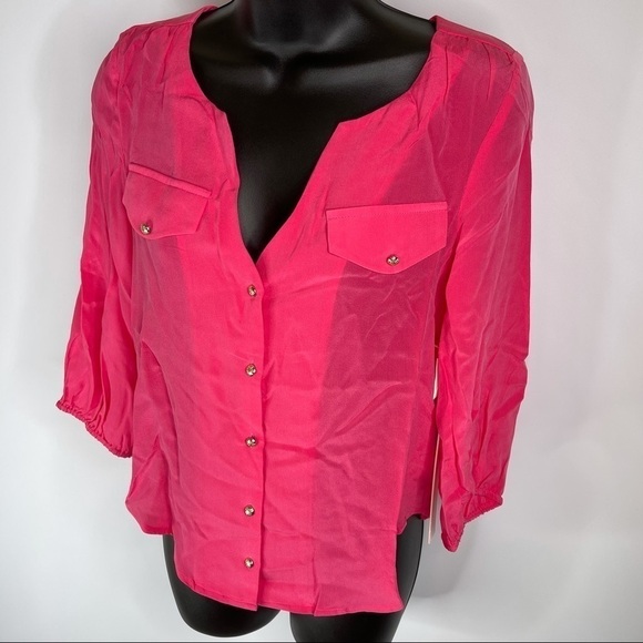 Line & Dot Revolve Top Blouse Silk Barbie Button Office Career Date Cocktail New - Picture 2 of 11